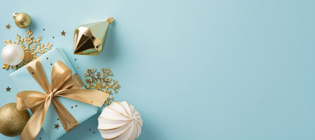 Beautifully wrapped gift with gold ribbon and festive ornaments creating a seasonal atmosphereの写真素材