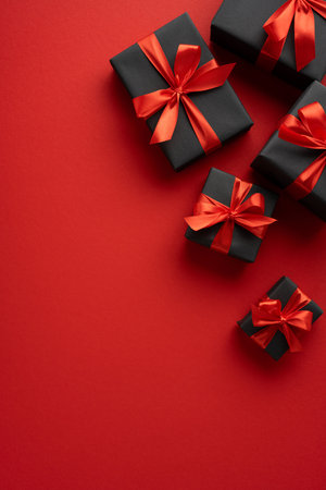 Elegant vertical black gift boxes adorned with red ribbons create a striking holiday themeの写真素材