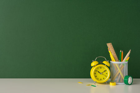 A colorful workplace setup featuring a yellow alarm clock and pencils against a monochromatic green wall, evoking themes of productivity and creativityの写真素材
