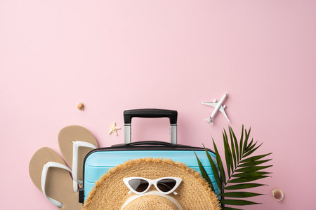 Travel essentials arranged on a pastel pink background creating a summer vibe. Vacation preparation theme with a suitcase, hat, and flip-flops complemented by tropical accents for a sunny adventureの写真素材