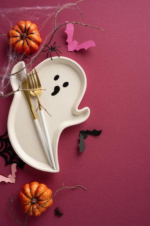 A ghost-shaped vertical plate with golden cutlery, surrounded by pumpkins, bats, and cobweb dÃ©cor, creating a festive Halloween atmosphereの写真素材