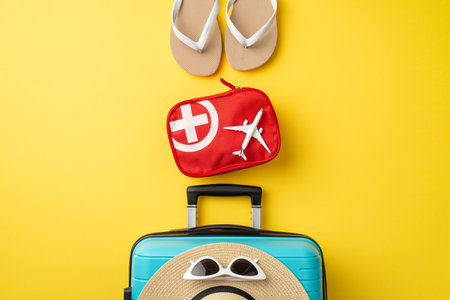 Travel essentials including a suitcase, flip-flops, and a first-aid kit displayed creativelyの写真素材