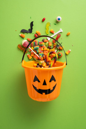A vertical decorative orange pumpkin bucket is overflowing with assorted colorful Halloween candies and treats, accompanied by festive Halloween-themed decorations on a vibrant green backdropの写真素材