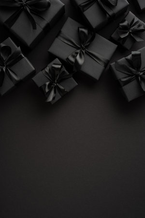 Gift boxes wrapped in black paper with bows on a textured vertical dark background, creating a...