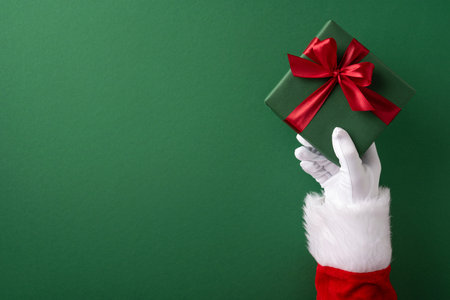 Symbolizing holiday joy, this image features Santa's hand holding a beautifully wrapped Christmas gift, embodying the spirit of giving and celebrationの写真素材