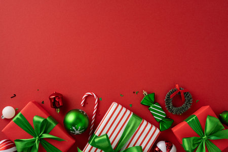 Christmas-themed image showcasing gifts wrapped in festive paper with holiday decorations.の写真素材