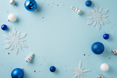 Blue and white festive Christmas decorations arranged creatively on a light background for holiday artの写真素材