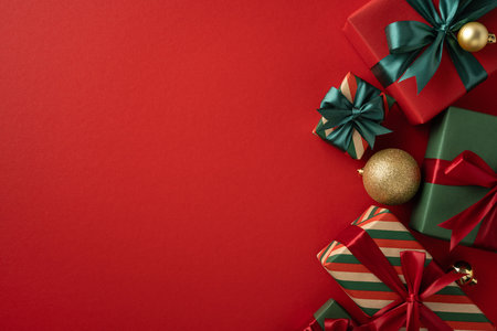 Elegant arrangement of wrapped Christmas presents and a golden bauble on red