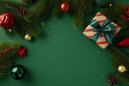 Festive holiday decor featuring a gift box tied in ribbon, green branches, and ornamentsの写真素材