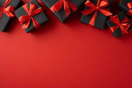 Various black gift boxes with red ribbons on a red background, conveying celebrationの写真素材