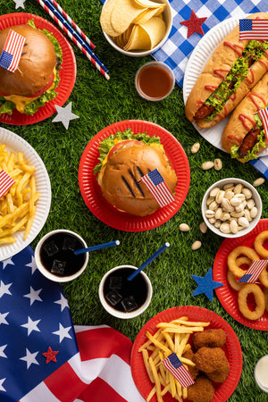 Labor Day and Independence Day celebration with party food on grass, featuring American hot dogs,...