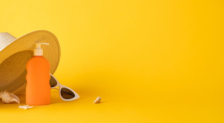 Sunny summertime items including sunscreen bottle, straw hat, and sunglasses against a vibrant...