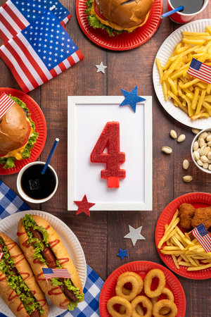 Celebratory table vertical setup for Fourth of July and Labor Day with American cuisine and patriotic decorations highlighting traditional picnic party vibesの写真素材