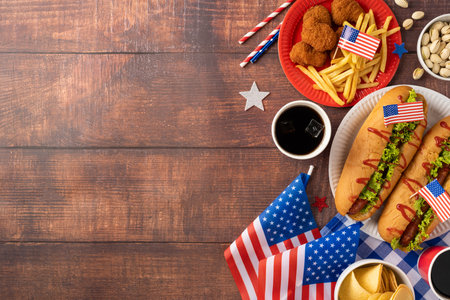 Labor Day and Independence Day picnic party concept featuring delicious American cuisine, including hot dogs, friesの写真素材