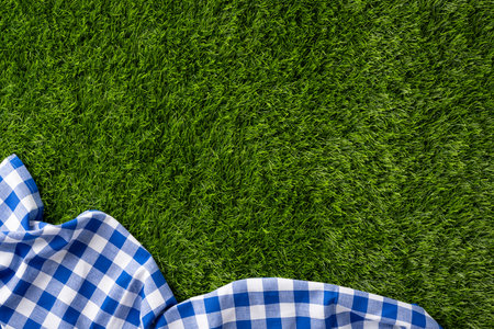 A blue checkered cloth placed on a fresh, green grass surface, suggesting a relaxed outdoor gatheringの写真素材