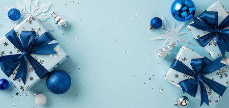 Christmas-themed composition featuring neatly wrapped gift boxes adorned with blue ribbons, decorative ornaments, snowflakes, and baubles in a bright and festive arrangementの写真素材