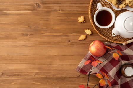 Cozy wooden table scene featuring autumn colors, tea with apple, and seasonal leavesの写真素材