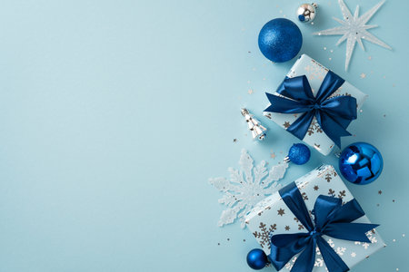 Elegant gift-wrapped boxes adorned with blue bow accompanied by festive silver and blue ornamentsの写真素材