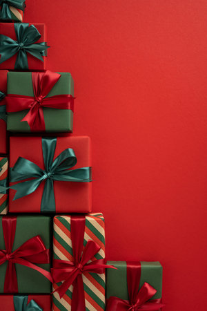 Christmas presents stacked in a pyramid shape, wrapped with colorful paper and ribbons, placed on a...