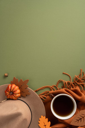 Flat lay vertical composition featuring fall-inspired items like a cup, scarf, hat, pumpkins, and...