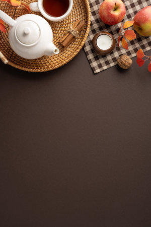 Tea vertical setup featuring a teapot, cinnamon on a woven tray with autumn decorationsの写真素材