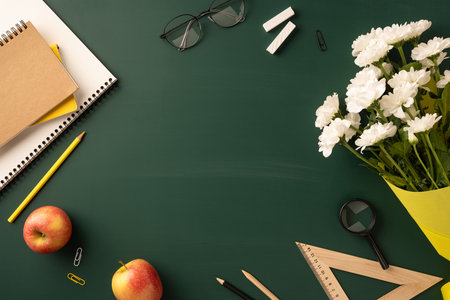 Stationery items, fresh apples, and white flowers arranged on a teacher-themed classroom setup