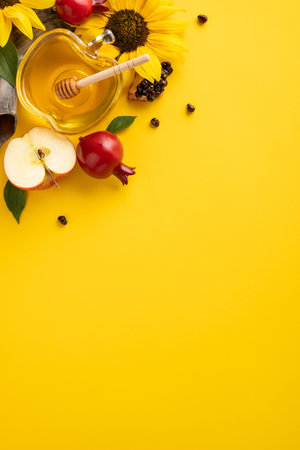 Rosh Hashanah vertical celebration symbols including honey, pomegranates, apples, and sunflowers on a vibrant backgroundの写真素材