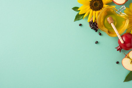 Colorful arrangement symbolizing Rosh Hashanah, featuring honey, apples, sunflower, and berries on a green backdrop, emphasizing the joyous and sweet themes of the Jewish New Year celebration.の写真素材
