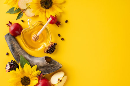 Rosh Hashanah symbols including honey, apples, pomegranates, and sunflowers arranged on a yellow surfaceの写真素材