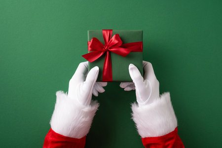 Santa's festive hands holding a green gift box tied with red ribbon on a green background showing the spirit of Christmas gifting and joyの写真素材
