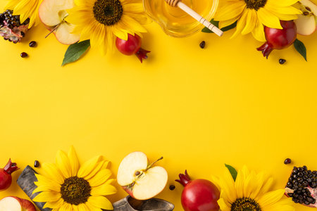 Bright display of sunflowers, red fruits, pomegranates, and honey on a yellow background emphasizing the Jewish New Year conceptの写真素材