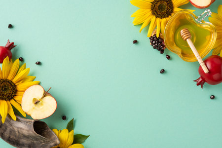 A festive composition representing Rosh Hashanah featuring traditional symbols including honey, apples, and pomegranates surrounding a shofar on a pastel green backgroundの写真素材