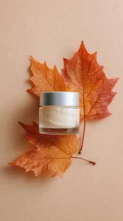 Elegant skincare cream jar placed alongside vibrant fall maple leaves for seasonal imagery. Generated A.I.の素材