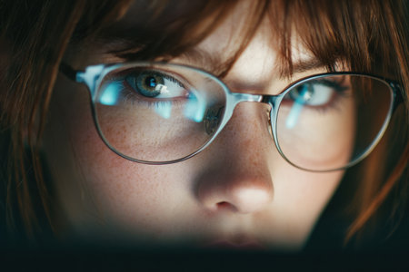 Close-up of a woman's eyes reflecting computer screen light, symbolizing focus. Generated A.I.の素材