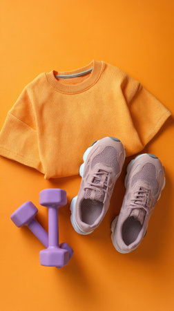 Studio shot of activewear items including orange shirt, purple dumbbells, and lavender shoes. Perfect for fitness themes, sports gear advertisements, or motivational content. Generated A.I.の素材