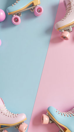 Vintage roller skates in pastel shades against a vibrant pink and blue surface. Generated A.I.の素材