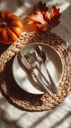 Autumn-themed setup featuring a plate with cutlery, an orange pumpkin, and colorful leaves. Generated A.I.の素材