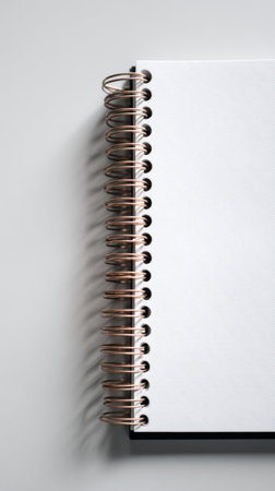 White notebook with copper spiral binding displayed on a plain background for design concept. Generated A.I.の素材