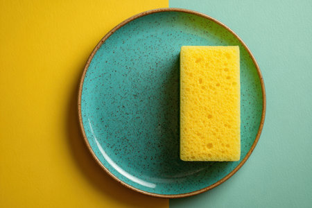 Bright yellow sponge on a speckled blue plate over a split colorful background creating a vibrant and minimalist aesthetic Generated AIの素材