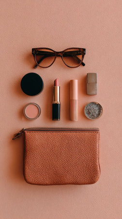 Makeup items and accessories organized with a leather pouch and sunglasses on a peach surface. Generated A.I.の素材