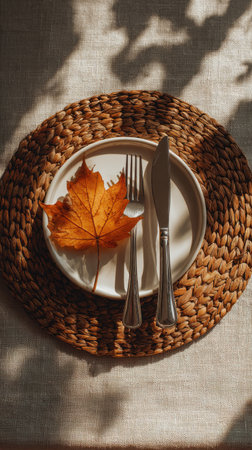 Decorative autumn table setup featuring a golden maple leaf, perfect for seasonal dining. Generated A.I.の素材