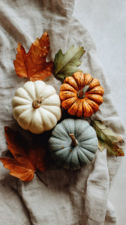 Cozy autumn display featuring three small pumpkins and vibrant leaves on a rustic fabric background that captures the essence of the season, highlighting warmth and nature's beauty. Generated A.I.の素材