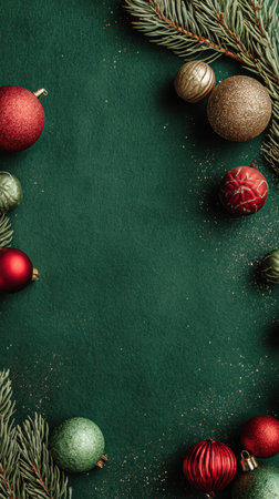 Festive arrangement of Christmas ornaments and evergreen branches on dark green backdrop. Generated A.I.の素材