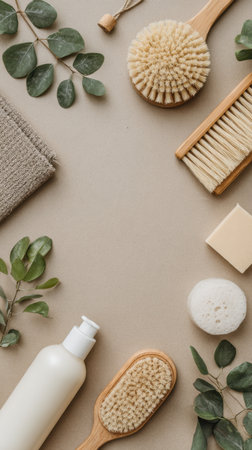 Natural bath and spa accessory set featuring brushes, soap, and greenery for eco-friendly living. Generated A.I.の素材