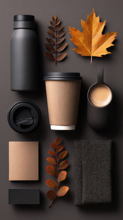 Coffee cup and accessories arranged with autumn leaves on dark surface showing season vibes. Generated A.I.の素材