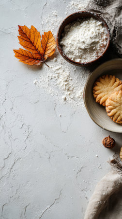 A rustic baking scene showing autumn leaves, flour, and homemade biscuits placed on a textured background. Generated A.I.の素材
