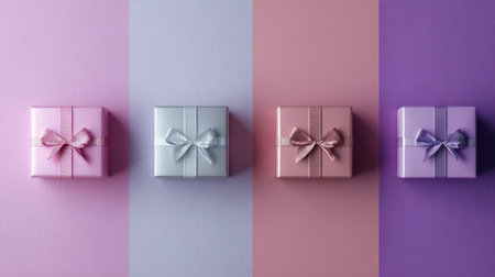 Four beautifully wrapped gift boxes with elegant ribbons displayed against a split background. Generated A.I.の素材