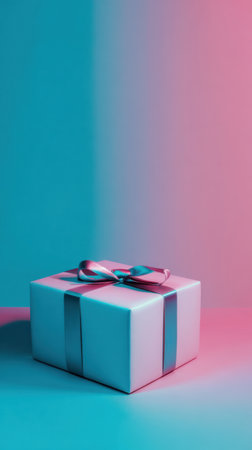 Gift box with a ribbon displayed in colorful pink and blue lighting. Generated A.I.の素材