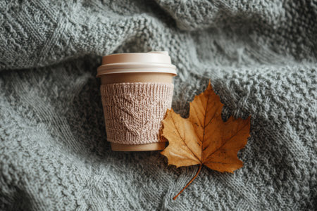 Coffee cup with a knit cover on a gray textured surface, accompanied by a fall leaf. Generated A.I.の素材