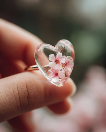 Ring featuring a heart-shaped design with blooming pink flowers, symbolizing love and beauty. Generated A.I.の素材